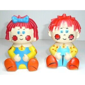 SET - Raggedy Ann + Andy Rubber 5 Inch Doll Squeak Toy Made In Taiwan 1977